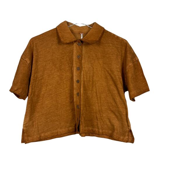 Free People Weekend Rush Button Front Cropped Top Copper Size XS NEW - Picture 2 of 10